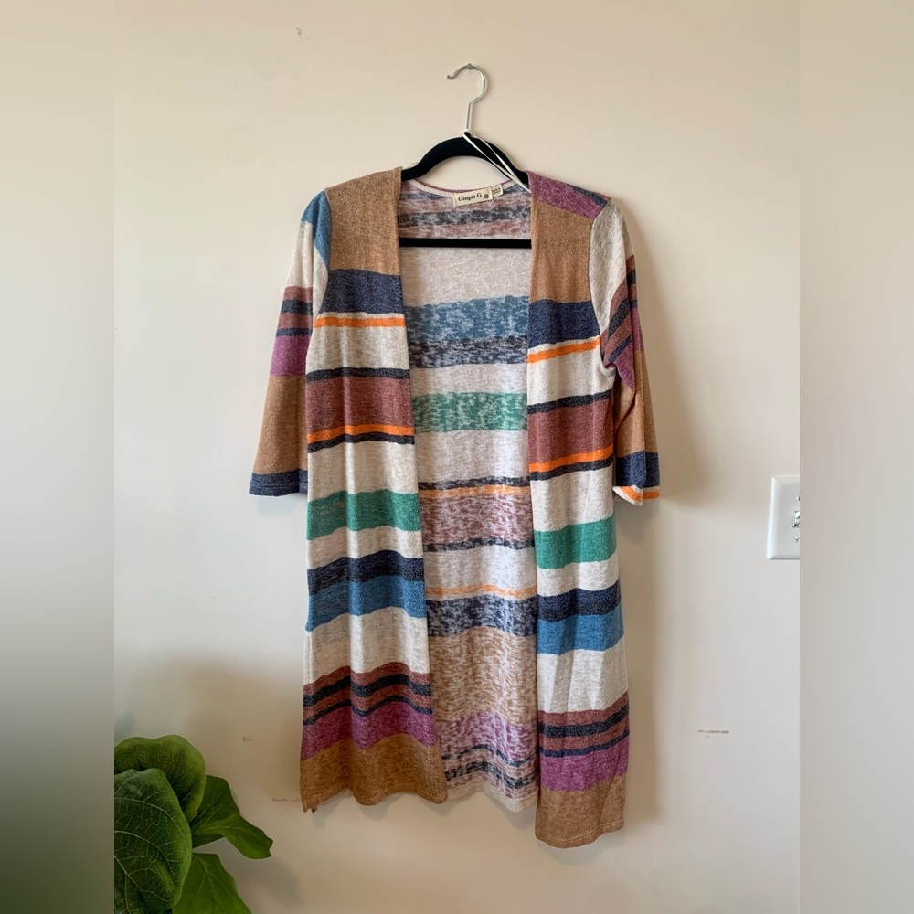 Short-mid Sleeve Striped Casual Cardigan